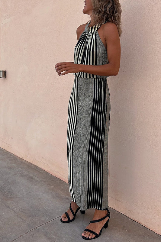 One More Chance Striped Adjustable Waist Halter Midi Dress