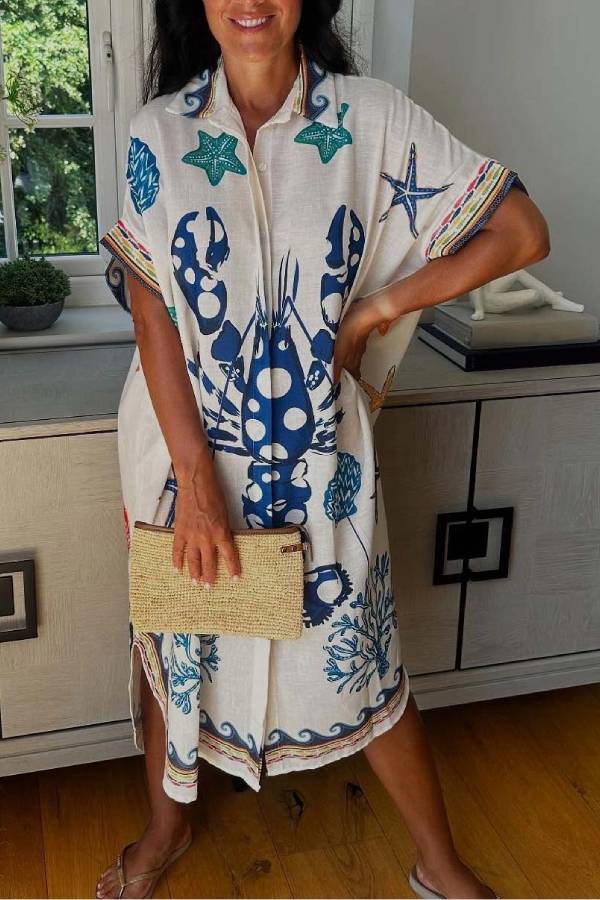 Unique Lobster Ocean Print Shirt Midi Dress