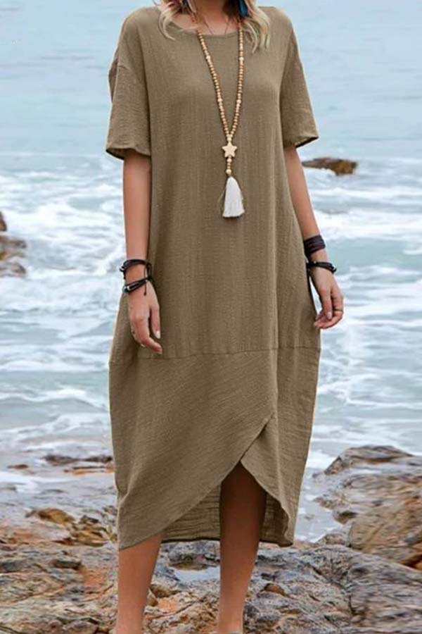 Solid Color Cotton Linen Retro Round Neck Short Sleeve Midi Dress