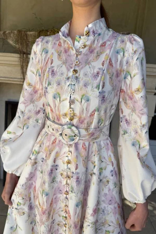 Moira Long Puff Sleeve Multicolor Floral Midi Dress
