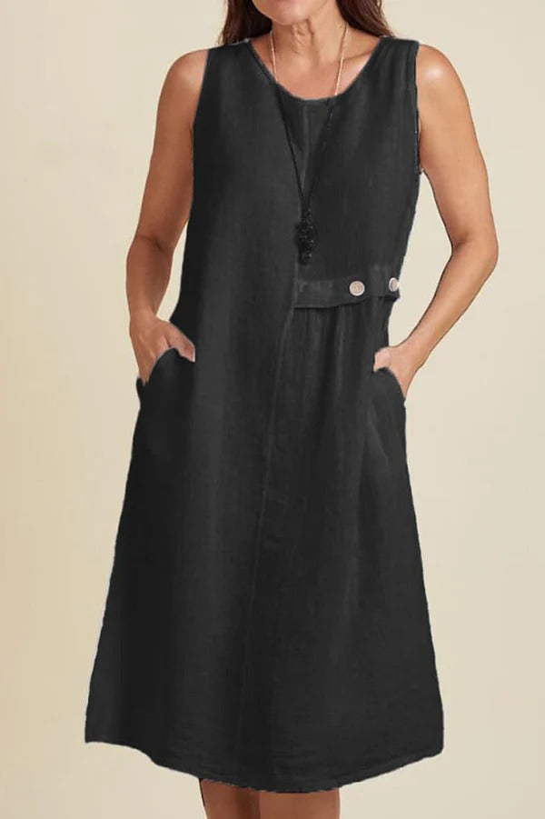 Linen Blend Solid Color Round Neck Sleeveless Loose Pocket Midi Dress