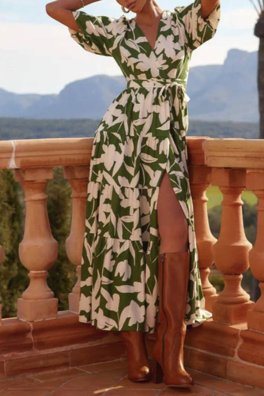 V-neck Short Sleeve Slit Printed Midi Dress